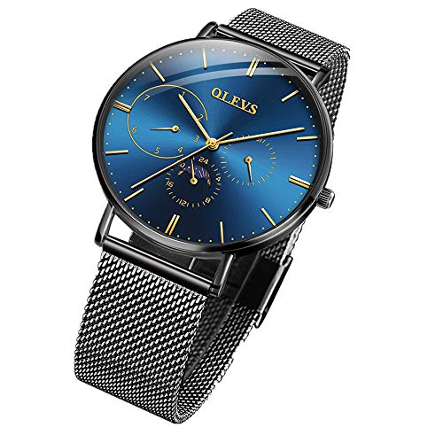 OLEVS Minimalist Inexpensive Ultra Thin Fashion Big Face Watches for Men Business Casual Simple Slim Quartz Wrist Watch Waterproof 3ATM with Mesh Milanese Band Blue Dial
