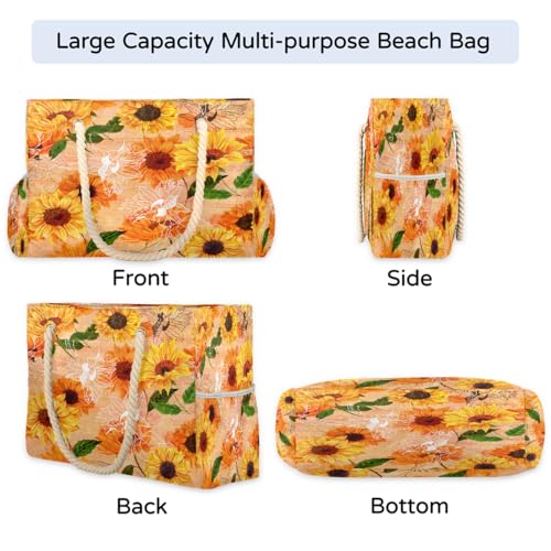 Large Beach Tote Bags for Women Sunflower Retro Flower Waterproof Sandproof Shoulder Bags Swim Pool Purse with Zipper Beach Vacation Essentials for Summer Swim Pool Travel Gifts4