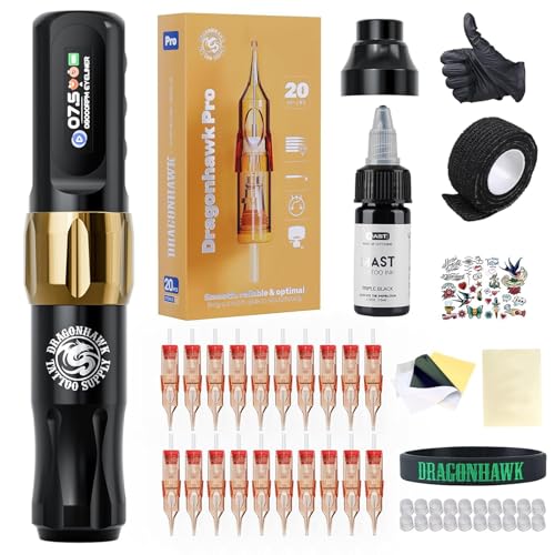 Kit completo del tatuaggio: Tutto il necessario in questo kit del tatuaggio - la macchina del tatuaggio, 20 aghi del tatuaggio (1205RL / 1205RS), inchiostro del tatuaggio 0.5oz e altri accessori, con un adattatore RCA, questo kit della pistola del tatuaggio supporta sia l'uso cordless che cordless