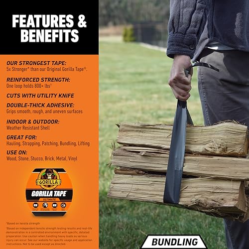 Image of Gorilla Ultimate Tape, High Tensile Cloth with Double-Thick Adhesive for Hauling, Strapping, Patching, Bundling, Lifting, 1.88 inch x 20yd, Black (Pack of 5)
