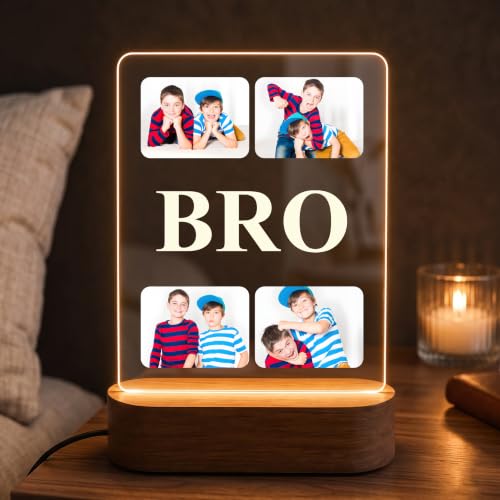 Image of Giftplease Personalized Brother Photo Night Light - Custom Acrylic LED Lamp with Picture Collages, Engraved BRO Wooden Base | Unique Birthday, Rakhi, Graduation Gift for Brother, Brother-in-Law