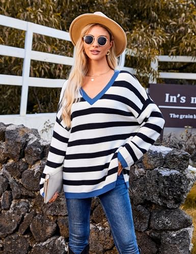 Image of Blooming Jelly Womens Striped Sweater Oversized V Neck Side Slit Cute Long Sleeve Tops Pullover Fall 2024 Trendy Casual Tunic