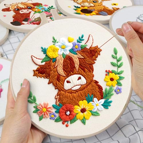 Image of Nuberlic Highland Cow Embroidery Kit 3 Pack Embroidery Kits for Adults Beginners Starter Cross Stitch Kit Set with Floral Designs - Perfect DIY Gift