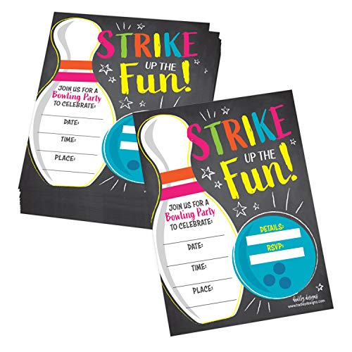 Image of Hadley Designs Kids Birthday Invitations For Boys and Girls Bowling Theme - 25 Neon Birthday Party Invitations For Boys, Bowling Invites For Girls, Cute Party Supplies, Made In USA