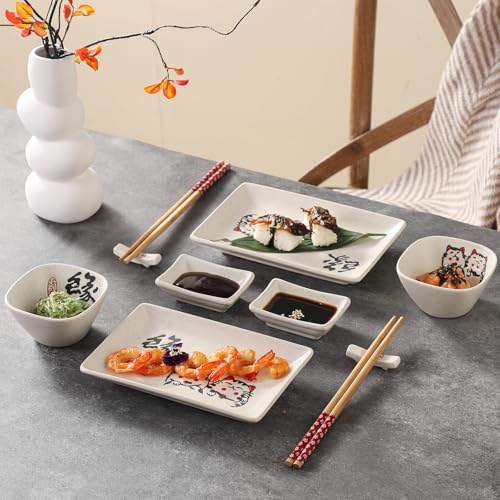 Image of 8 pcs Japanese Sushi Plate Sets Serving Platters and Trays for Entertaining Sushi Dishes Set Plates Sushi Plates Traditional Cuisine Dinnerware Sets with Chopsticks Cat