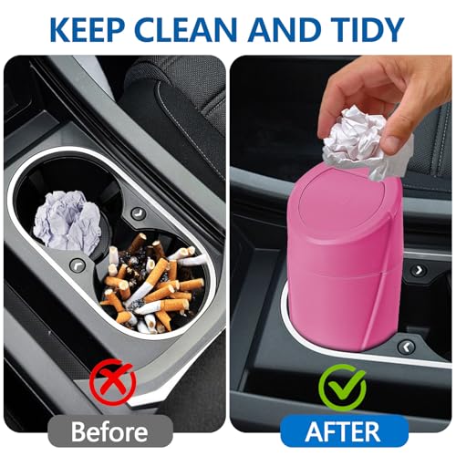 Image of Hovom Mini Car Trash Can with Lid, Portable Garbage Can for Car, Leakproof Cup Holder Automotive Garbage Bin with 2 Rolls of Trash Bags, Small Trash Storage Can for Car Home Office(Rose Red)