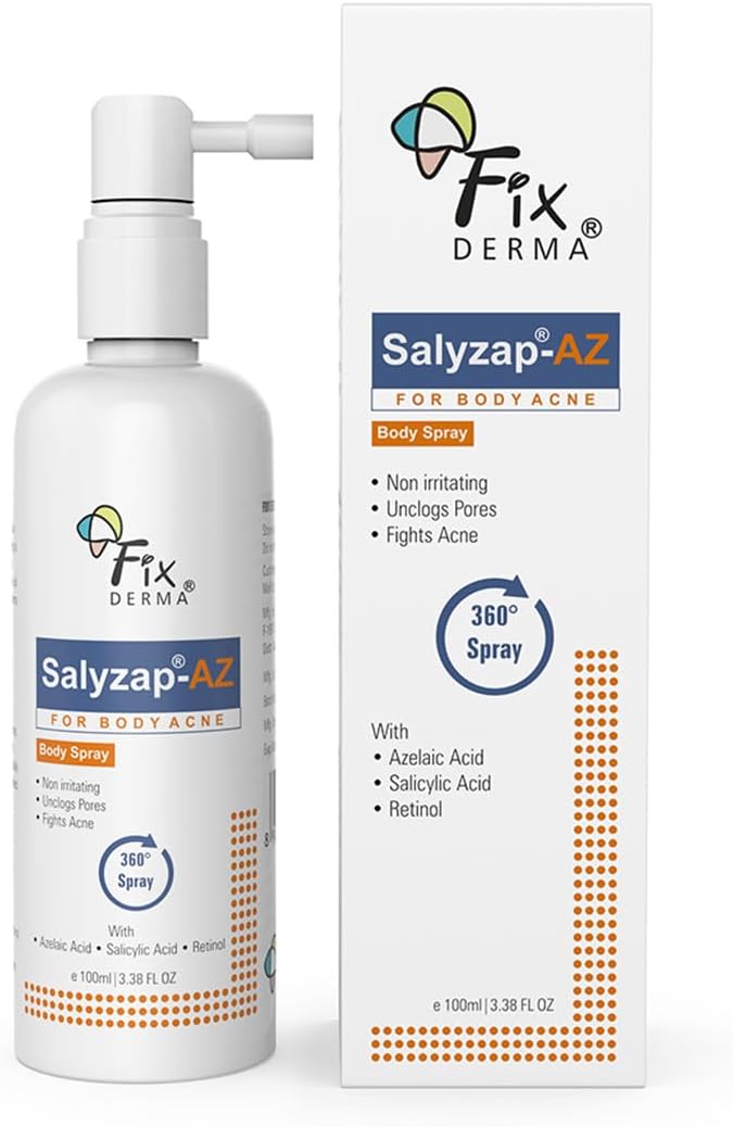 Fixderma Salyzap-Az 2% Salicylic Acid + 2% Azelaic Acid Body Acne Treatment Unscented Spray For Acne On Body Parts Like Back, Upper Arms | Paraben Free | Unclog Pores - 100ml