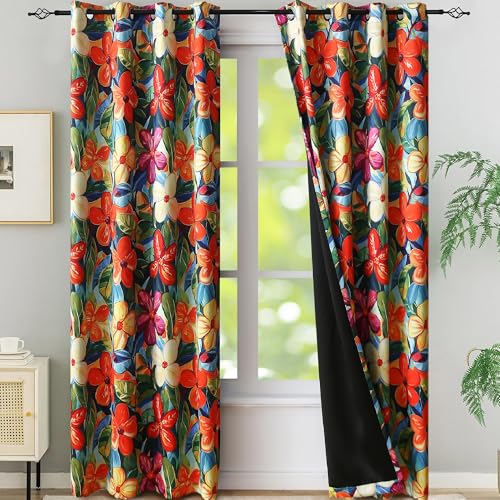 Vibrant Orange Floral Blackout Curtains 72 Inches Long Light Blocking for Girls Bedroom ,Thermal Insulation Colorful Patterned Vivid Flower Window Drapes with Tiebacks Grommet 2 Panels 52Wx72L