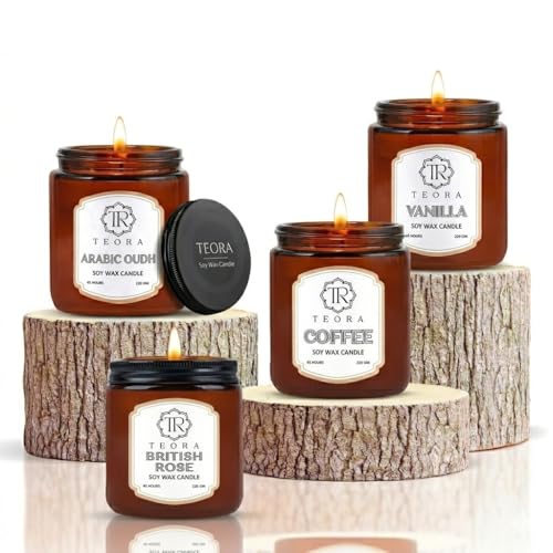 Image of Teora By Bindian Luxury Soy Wax Scented Candle in Amber Glass Jars | 220g Each | 45H Long Burn Time | Natural Smokeless Wax for Home Decor, Spa & Aromatherapy Candle (Aromatherapy Pack of 4)