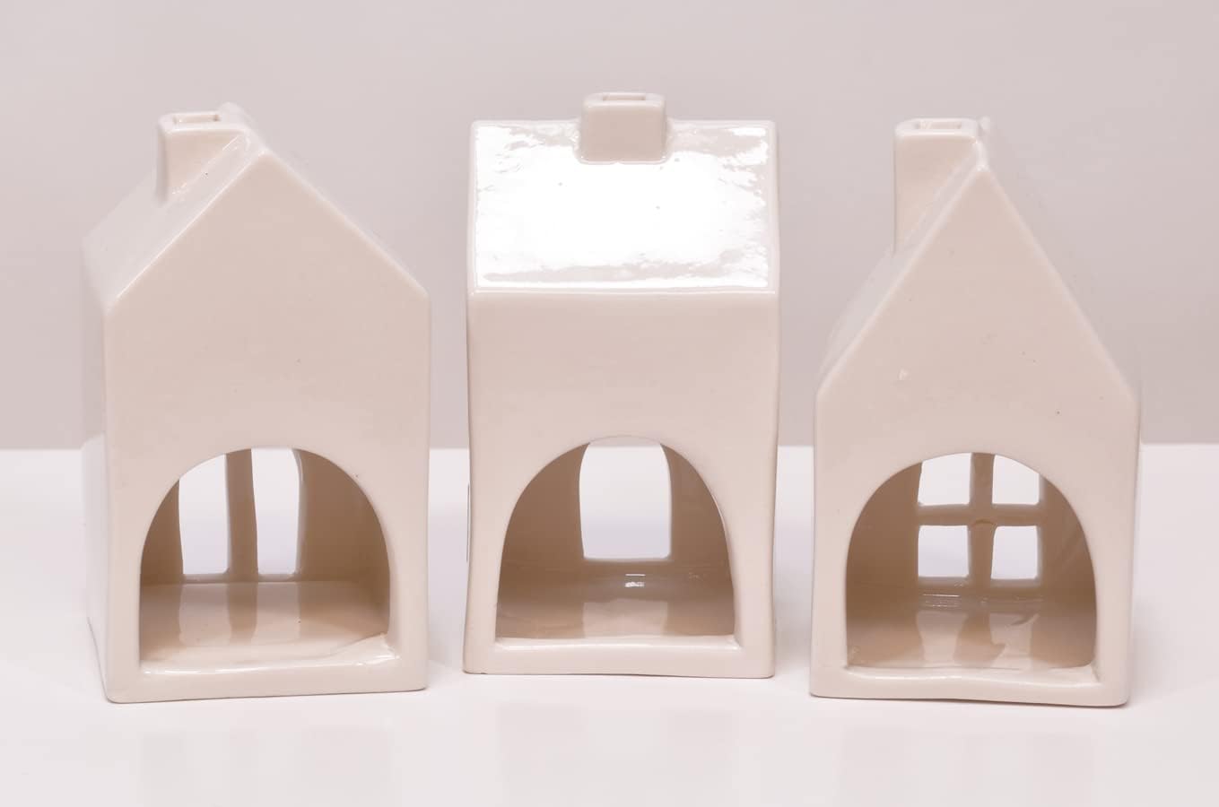 Glazed Porcelain Mini Village Houses, Set of 3, White, 4 In
