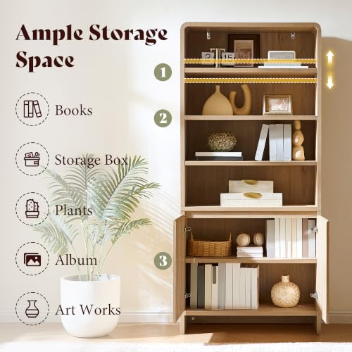 Image of AMERLIFE 71 inch Modern Wood Bookcase with Storage Cabinets, Nature Oak | 6 Tier Bookshelf, Large Space, Adjustable Shelves, Curved Design, Ideal for Living Room, Bedroom, Home Office, Easy Assembly