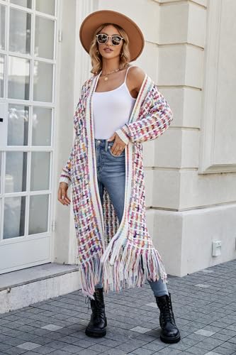 Image of Womens Boho Cardigan Sweater Maxi Long Colorful Fringed Tassels Knitted Cardigan Jacket Outwear