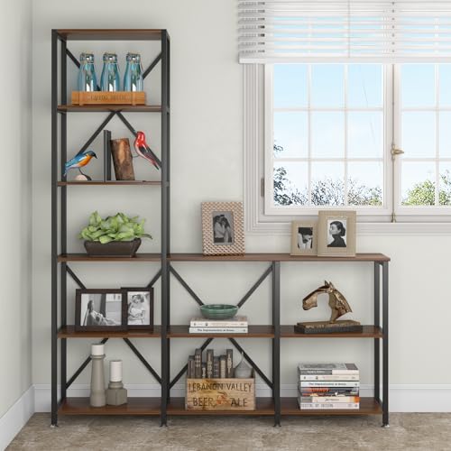 Image of Tribesigns Modern 9 Shelves Bookshelves, Industrial Stepped Ladder Corner Etagere Bookcase, Rustic 6-Tier Display Open Shelf Storage Organizer for Living Room