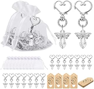 Angel Keychain, 90Pcs Guardian Angel with Wings Shape Pendant, 30Pcs Key Rings 30Pcs Tag + 30Pcs Drawstring Organza Bag for Guest Return Gifts Baby Shower Birthday Wedding Baptism Decoration
