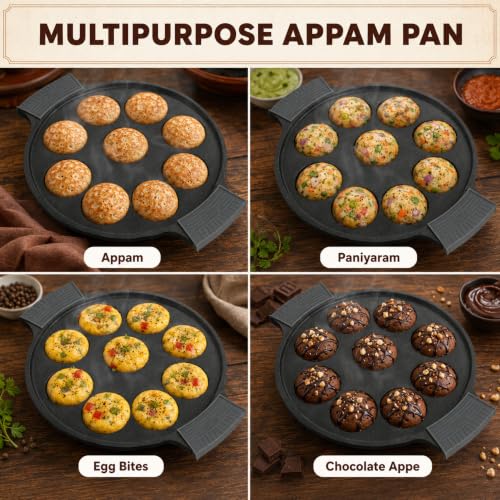 Image of Aditi Naturally Oil-Seasoned Appam Pan 9 Pit for Unniyappam Paddu /Paniyarkal /Paniyaram(9 inch /23 cm), Silicone Sleeve Handles
