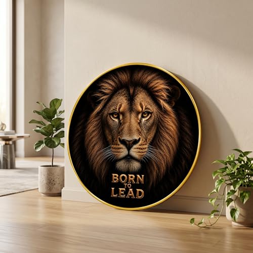 Image of SAF Lion Born to Lead Round Wall Painting with Premium PVC Golden Frame, Motivational Wildlife King Art for Living Room Office Bedroom Home Decor Gift (12 x 12 Inch) GRS-458