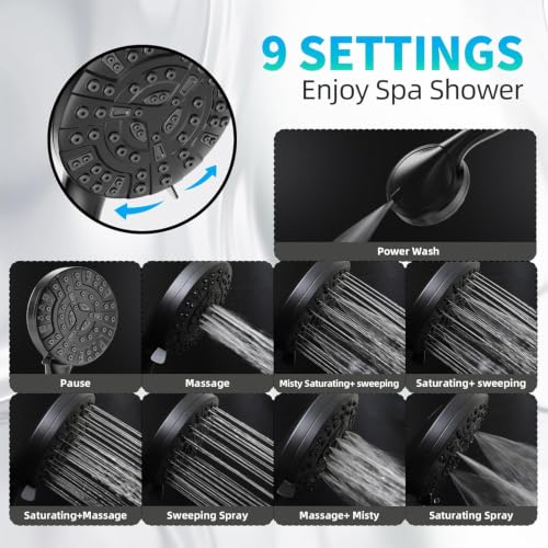 Image of BESAQUO 9 Settings High Pressure Handheld shower head with Power Wash | Pause Mode for Water Saving, Power Wash for Tub&Tile, Easy Clean Nozzles, 6ft Hose,Bracket / Matte Black