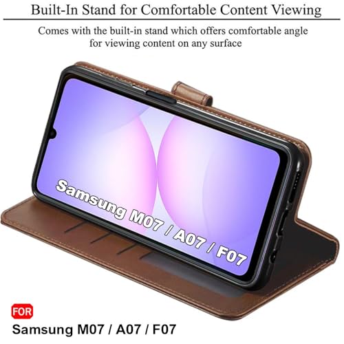 Image of TheGiftKart Flip Cover Back Case for Samsung Galaxy M07 / F07 | Genuine Leather Finish | Designer Button | Inbuilt Pockets & Stand | Wallet Style Flip Back Cover Case (Faux Leather, Brown)