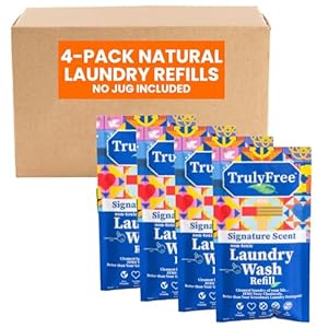 Truly Free Natural Laundry Detergent for Sensitive Skin | Eco Friendly, Plant Based, Baby Clothes Safe | Clean & Easy Powder to Liquid, 4 Pack Refill Detergent, NO Jug | Signature Scent, 200 Loads