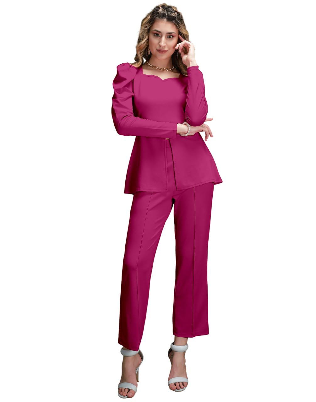 womendly Women Two Piece Co Ord Set | Cropped Single Breasted Top | Round Neck Design | High Waisted Pant Style | Lycra Fabric Outfit | Modern Casual Wear Set-picture-35