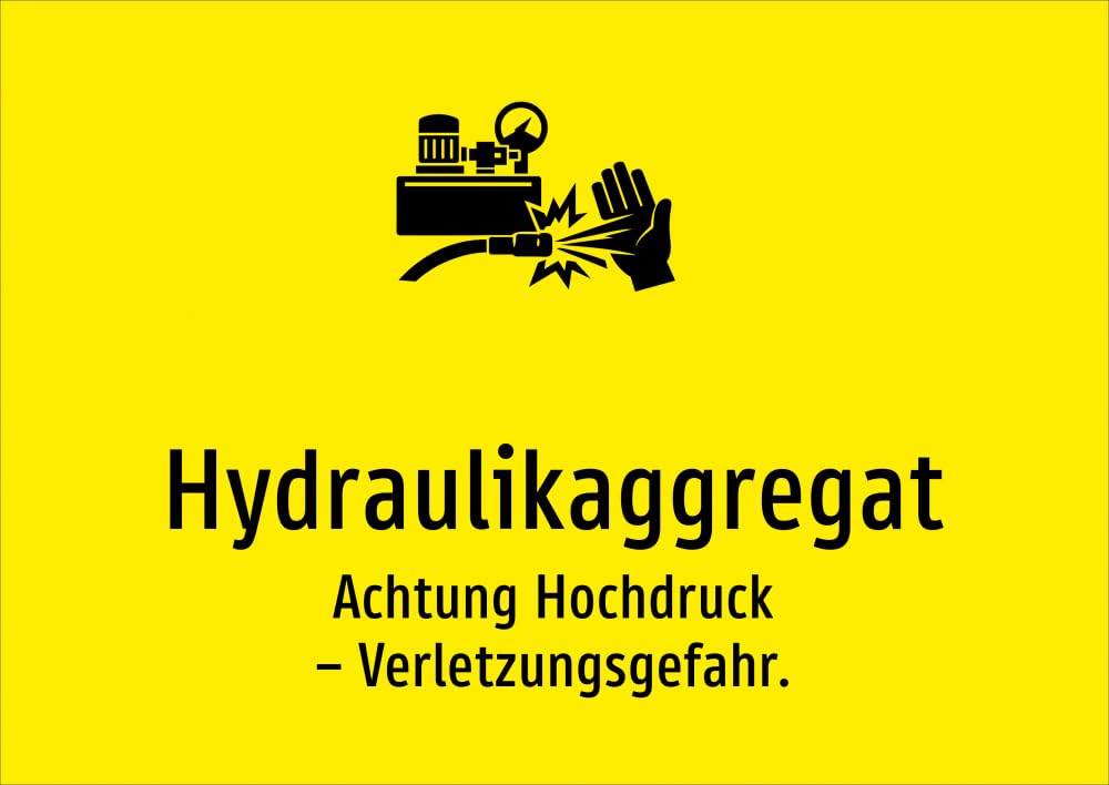 Hydraulikaggregat - Achtung Hochdruck – Verletzungsgefahr. – Aufkleber A2: 594x420mm – Mit Grafik und Text
