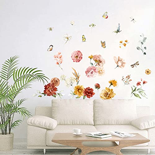 Runtoo Peony Flower Wall Art Decals Watercolor Butterfly Floral Wall Stickers for Bedroom Living Room Baby Nursery Wall Decor - Image 3