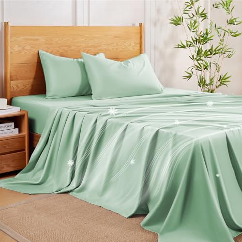 MR&HM Twin XL Sheets Set, 3-Piece Cooling Sheets, Rayon Derived from Bamboo & Polyester Blend, Soft & Silky, 15" Deep Pockets with Elastic Straps, Hotel Luxury for Hot Sleepers, Sage