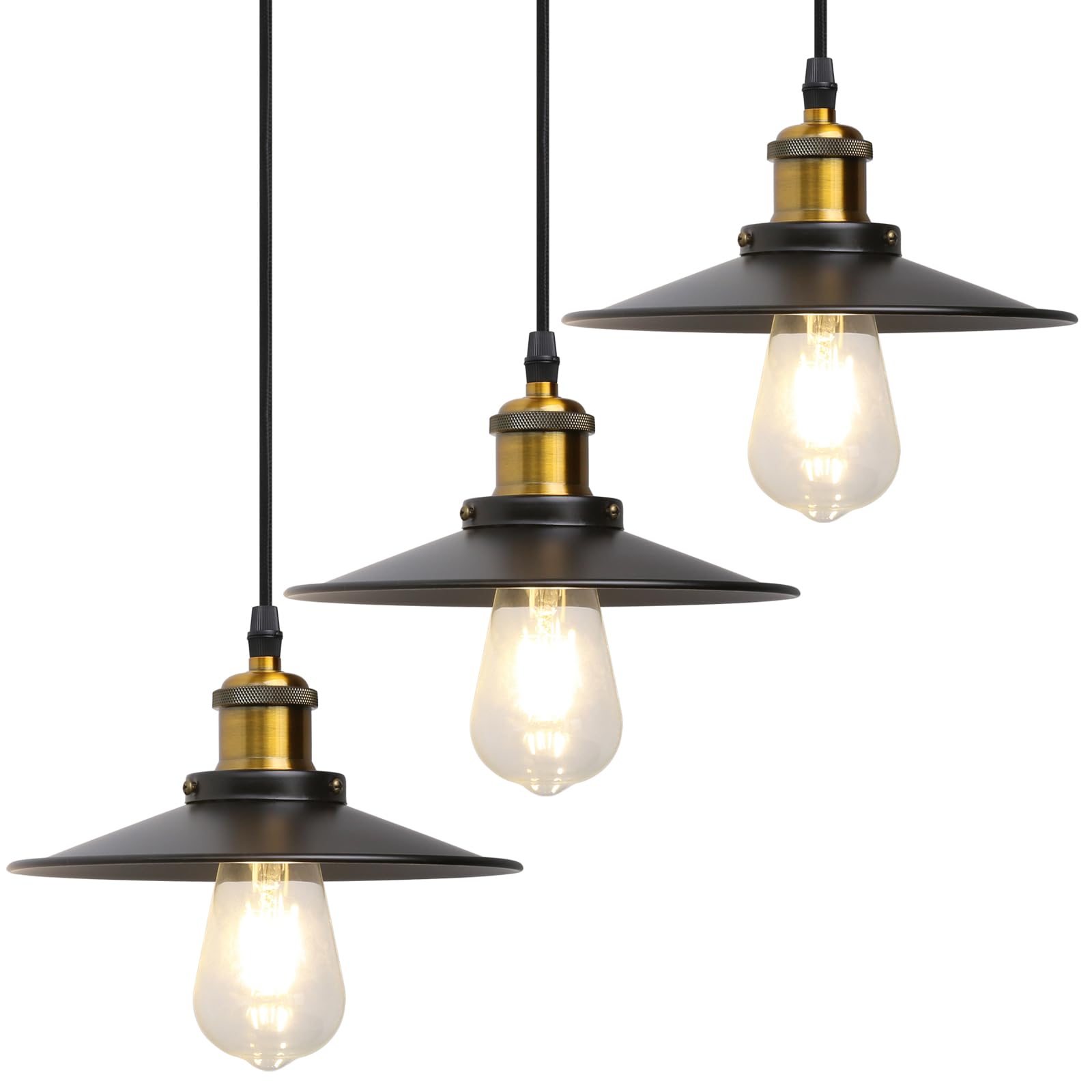 Phansthy Set of 2 Vintage Pendant Light with Switch Metal Dome Lampshade Hanging Lamps Ceiling Fitting Light Fixtures E27 Bulbs Brushed Steel Head Finish (3 Pack Gold + Black)