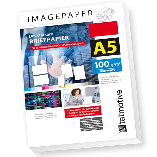 TATMOTIVE Imagepaper 100g/qm DIN A5 das stärkere Briefpapier brillante Drucke für alle Drucker 500 Blatt Kopierpapier Druckerpapier weiß