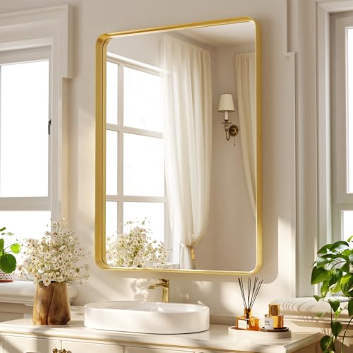 Koonmi Espejo de Pared Con Marco Profundo, 90 x 60 cm, Lujoso Rectangular de Alta Gama, Esquina Fileteada, Colgado Horizontal o Verticalmente, Dorado