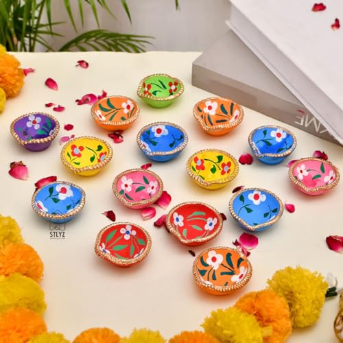 Image of Colourful Handmade Diyas for Diwali (21 Pcs) Hand Painted Decorative Clay Mitti Diya Deepak Lanterns for Diwali Decoration