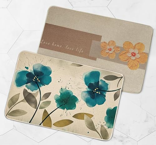 Image of Yellow Weaves 2 Pcs Jute Texture Non-Slip Bathmat, Water Absorbent Floor mat, Rugs, Door Mats for Bathroom, Living Room, Bedroom, Entrance, Outdoor, Kitchen (Teal Blue Floral & Sunflower Beige)