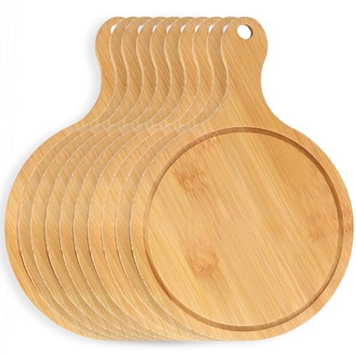 Vexorium Set 10 Taglieri Pizza in bambù – Tavole Rotonde da 6 a 13 Pollici con Manico, Vassoio da Servizio, Formaggi, Affettati, Tagliere da Cucina,9 inch (for 8 inch Pizza)