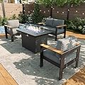 LayinSun 4 Piece Aluminum Outdoor Furniture Set with Fire Pit Table, Outside Patio Deep Seating Conversation Set with Upgraded Washable Thick Cushion