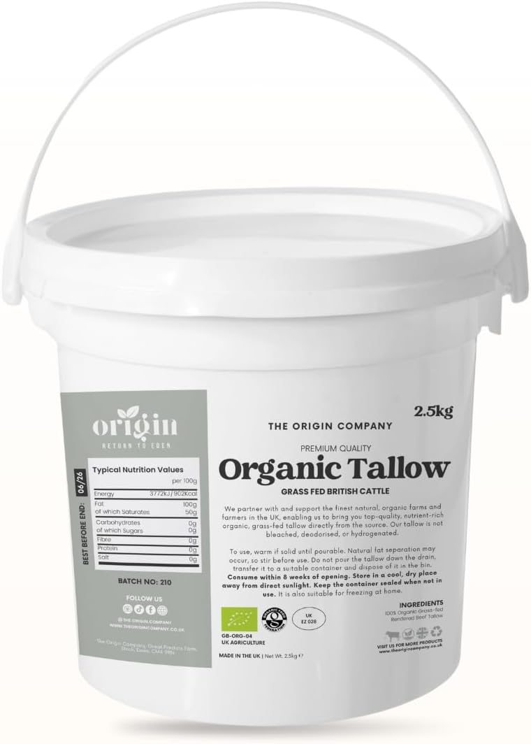 2.5kg Origin's Organic Grass-Fed Beef Tallow Cooking Fat – 100% Pure Traditional Dripping – High Smoke Point for Frying, Roasting & Baking – No Additives – UK Produced