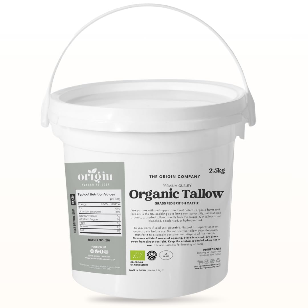 2.5kg Origin's Organic Grass-Fed Beef Tallow Cooking Fat – 100% Pure Traditional Dripping – High Smoke Point for Frying, Roasting & Baking – No Additives – UK Produced