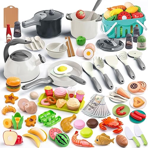 Funpynani - Juego de 130 piezas de cocina, ollas de juego de cocina para niños pequeños, sartenes, utensilios de cocina, verduras diarias de frutas, cesta de almacenamiento de compras, postre, dinero