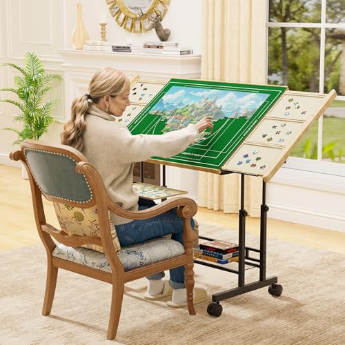 Image of CODACE Puzzle Table with Drawers - 1500 Pieces Jigsaw Puzzle Tables for Adults, Tilting Puzzles Board with Cover, Puzzles Table with Storage and Adjustable Height Legs，Present for Puzzles Enthusiast