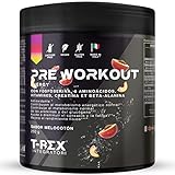 T-Rex Pre-Workout, Bebida Energética con Creatina Monohidrato, Bcaa, Arginina, Beta Alanina y Vitaminas - Energía y Masa Pre-Entrenamiento - Sin Cafeína, 250 g Sabor Melocotón