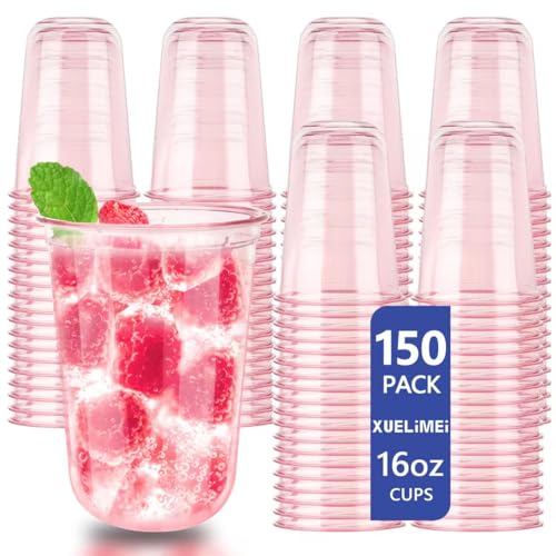 Xuelimei 16oz Disposable Stemless Glasses,PET Disposable Drinking Cups,Cold Party Clear Plastic Wine Glasses for Parties Birthday,Wedding,Meeting,Christmas Party Supplies (150, Pink)