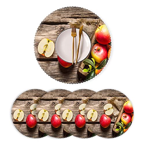 Placemats,Round Placemats Washable Polyester Table Mats Set of 4 Heat Resistant Placemats for Kitchen Dining Table Decoration - Apple Farmhouse Wooden Table