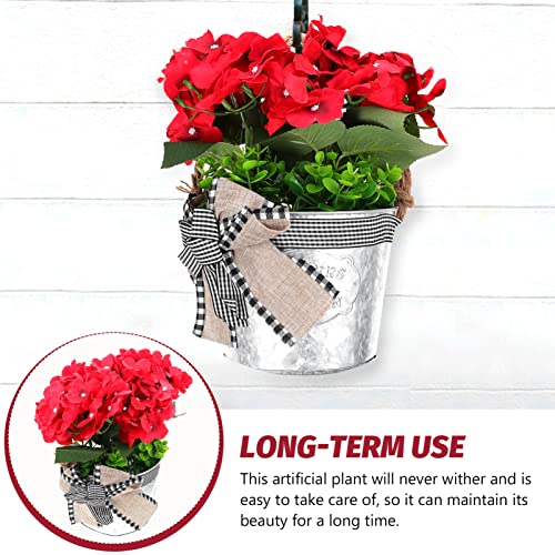 Clispeed Artificial Outdoor Plants Red Geranium Bucket Wreath Artificial Spring Summer Wreath With Burlap Bow Front Door Outdoor Hanging Wreath For Farmhouse Cottage Porch Decor Spring Decor #TOP6