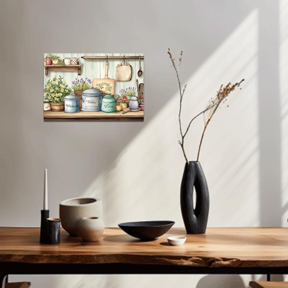 QIXIANG Kitchen Canvas Wall Art Rustic Kitchen Picture Wall Decor Farmhouse Tableware Paintings Prints Dining Restaurant Decor Framed(Kitchen,20.00" x 30.00")