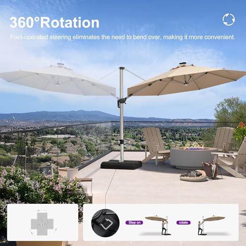 PURPLE LEAF Cantilever Patio Umbrella 11ft Round Solar LED Light, Beige — view 5