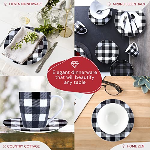 Winter Frost White, Black Plates And Bowls Sets, Modern Dinnerware Set, Kitchen Dinnerware Sets, Indoor And Plates, 16-Piece Plaid Kitchen Plates And Bowls Set With Mugs, Dishwasher Safe #TOP2