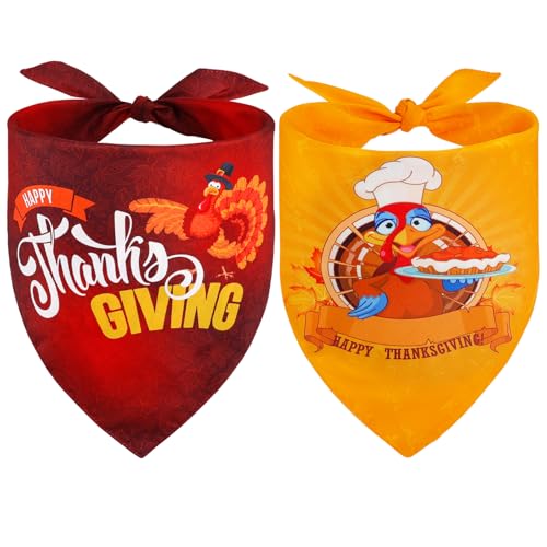 Vivifying Thanksgiving Dog Bandana 2 Pack - Triangle Fall Pet Scarves with Turkey & Letter Prints, Soft Polyester Dog Bibs for Holiday Photos & Festive Wear (Red & Yellow, Size XL)