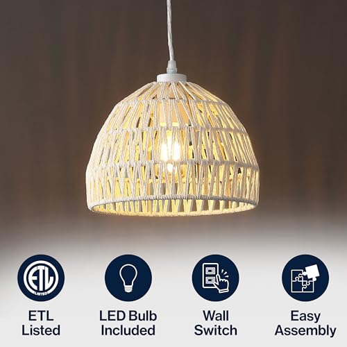 Image of JONATHAN Y 10.25 inch Cream Modern Bohemian Woven Rope LED Pendant Light Fixture, Adjustable Dome Ceiling Lamp for Kitchen Island, Rope Shade, Coastal Farmhouse Decor (JYL6513C)