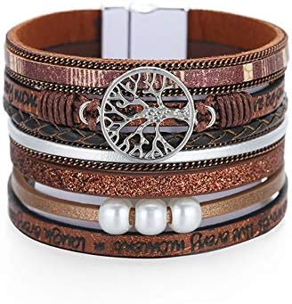 RONLLNA Tree of Life Leather Cuff Bracelet Wrap Cross Bracelet for Girls Boho Bracelets with Pearl Gifts for Women Brown Tree