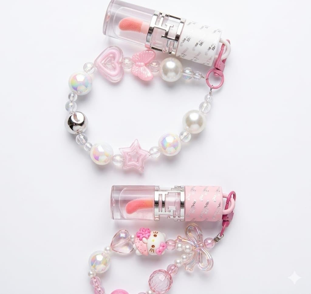 Mini Lip Gloss Keychain with Pearl & Charm Bracelet | Cute Pink Hydrating Lip Shine | Portable Non-Sticky Lip Balm for Girls & Women (Pack of 2)-image-8
