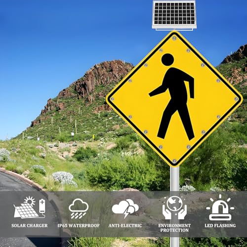24in Solar Pedestrian Crossing Sign Flashing LED Highlight Road Traffic Blinking Street Warning Sign, Aluminum IP65 Weatherproof Crosswalk Signs - Thumbnail 2